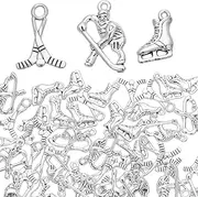 1 Box 48Pcs Hockey Charms Bulk Silver Sports Charms Alloy Player Stick Winter Ice Balls Game Competition Antique Sport Charms for Jewellery Making Charms Diy Necklaces Bracelets Earrings