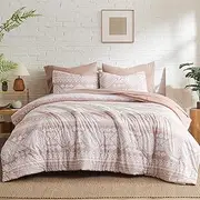 Geniospin King Size Comforter Set, Boho Bed in a Bag 7 Pieces Bedding Set,Dusty Pink Reversible Aztec Design with Soft Microfiber, Lightweight, Warm and Breathable (King, 102x90 Inches)