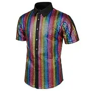 Men's Prom Shirt Disco Shirt Tuxedo Shirts Plain Formal Evening Birthday Party Black Yellow Blue Rainbow Short Sleeve Lapel Summer Spring Clothing Apparel Sequ