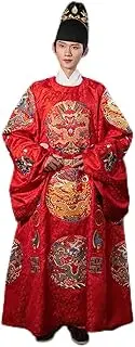 [JIMINISO] Dynasty Red Chinese Traditional Wedding Dress Men Women Couple Dragon Embroidery Round Neck Long Robe