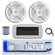 Dual Bluetooth Marine Radio, Cover, Antenna,Wire, 2x 7.7" 280 Watt White Speaker