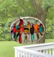 Tiffany Style Talking Parrots Oval Stained Glass Suncatcher Window Panel 23x15in