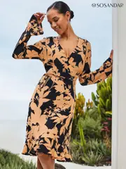 Sosandar Black/Brown Floral Fit & Flare Wrap Dress (N71233) | $95