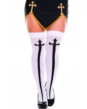 White Opaque Gothic Cross Plus Size Thigh High Stockings
