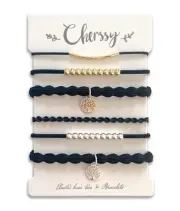 Tree of Life Hair Ties Bracelets for Women, 6 pcs Decorative Hair Ties Black