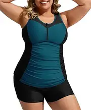 [Hanna Nikole] Women's Sports Swimsuit Two Piece Tankini Set Zip Elasticity High Waist Beachwear Hot Pants Swimsuit, Blue-Green, 54 Große Größen