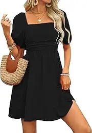 Women's Square Neck Puff Short Sleeve Dresses Solid A Line Midi Dress with Pockets Summer Cute Mini Dress