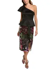 Marchesa Notte Peplum Midi Dress 2 Black