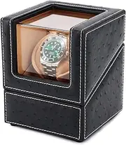 [DRIKLUX] Automatic Single Watch Winder Case for Rolex with Quiet Motor,Premium Ostrich Leather Exterior and Soft Flexible Watch Pillows(Black+Camel Velvet)