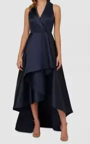 Adrianna Papell Womens Blue Mikado Sleeveless High-Low Tuxedo Gown Dress Size 6