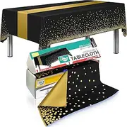 54in X 100ft Black with Gold Dot and Runner Printed Plastic Disposable Tablecloth Roll with in Built Cutter Box | Table Cover for Party, Picnic, Banquet & Kids Activities