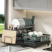 2 Tier Dish Drying Rack for Kitchen Counter, Dish Racks with Drainboard Set, Rustproof Dish Drainer with Cutlery Utensil Rack & Holders,for Kitchen Storage and Organisation (Style 2)