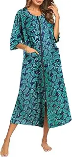 [Ekouaer] Women's Zipper Robe 3/4 Sleeve Housecoats Full Length House Dress Loungewear Long Nightgown with Pockets Green Leaf,XXX-Large, Green Leaf, 3X-Large