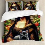 Duvet Cover Set, Smiling Mona Lady Interpretation with Black Cat and Xmas Tree