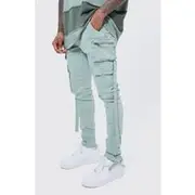 Mens Sage Super Skinny Stretch Strap Detail Cargo Jeans