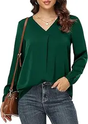 [Anelune] Womens Tops Pleated Lantern Sleeve V-Neck Shirts Elegant Solid Color Loose Fit Casual Chiffon Blouse, Dark Green, M
