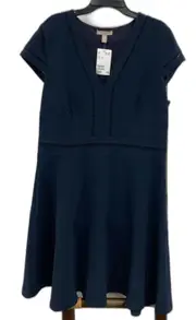 H&M V-Neck Side-Zip A-Line Flow Dress Navy Ladies Sz 16 With Tags NEW