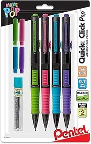 Pentel Quick Click Pop Mechanical Pencil, (0.7mm) Medium 2B Lead, with 2B Lead and (2) Eraser Refills, 4-PK (PD217ALEBP4)