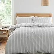 Bianca Ashford Stripe 200 Thread Count Cotton Percale Reversible Double Duvet Cover Set with Pillowcases Silver Grey