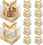 Anglecai 12 Pack Clear Plastic Cupcake Boxes, 3.5 Inch Gold Single Cupcake Containers Disposable Individual Cup Cake Carrier Holder Boxes with Inserts and Ribbon (Gold)