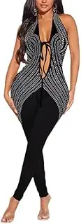 [GHAKKE] Women's Sexy Backless Sparkling Rhinestone Nightclub Jumpsuits Halter Neck Sleeveless Skinny Long Pants Party Rompers