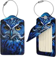 [STVYUKL] Blue Owl Luggage Tags 2 Pcs for Suitcase Waterproof Leather Suitcase Tags Privacy Cover Name Id Label and Metal Loop Baggage Tags for Women Men Travel