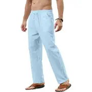 King Billion Men's Cotton Linen Pants Casual Loose Pants Male Breathable Solid Color Drawstring Jogger Yoga Baggy Trousers sky blue XL