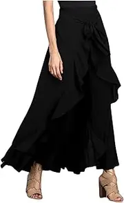 [utcoco] Women's 2025 Trendy Casual Chiffon Elastic High Waist Pants Culottes Tie Front Ruffle Boho Flowy Maxi Skirts, Black, X-Large