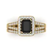 1.60 Emerald Round Cut Halo Real Onyx Promise Bridal Ring set 14k Yellow Gold