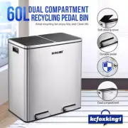 60L Stainless Steel Rubbish Bin Dual Pedal Compartment Recycling Waste Trash Can