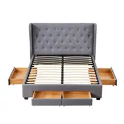 Design Square Modern Fabric Bed Frame W/ 4-Drawers Storage Double Size - Dark Grey