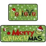 Merry Grinchmas Kitchen Rugs and Mats Set of 2,Christmas Grinch Kitchen Decoration,Non Slip Absorbent Kitchen Mat Waterproof Runner Rug 17x 48 Inches