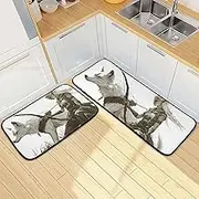 Kitchen Mats for Floor, 2 Piece, Wolf Soilder White Funny Cute Washable Non-Slip Kitchen Rugs Set for Home & Office, Sink, Laundry, 19.7” x 27.6” + 19.7” + 47.2”
