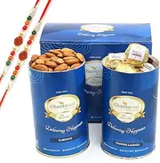 Ghasitaram Gifts Rakhi Gifts for Brothers Channa Laddoo and Almond Cans with 2 Rudraksh Rakhis