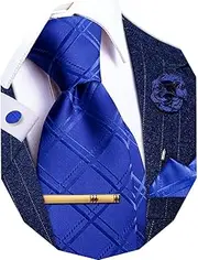 [YourTies] Tie for Men Silk Plaid Checkered Necktie Pocket Square Cufflinks Lapel Pin Tie Clip Set Business Wedding Party