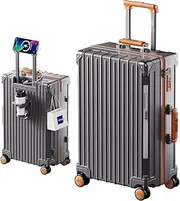 [YUU CPC AU] Suitcase Sets, Durable PC Material Suitcase with USB+TypeC Dual Charging Port and Foldable Cup Holder, 28+20 inch Expandable Two-Piece Set for Storage and Organization (Grey zongzi, 28+20)