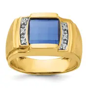 14k Yellow Gold Men's Created Sapphire and 1/20 carat Diamond Complete Ring
