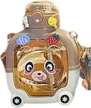 Cartoon Bear Baby Water Bottle with Straw, Portable Drinking Cup for Kids, 350mL (Almond)