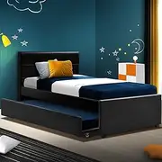 Artiss King Single Bed Frame Daybed Trundle Platform Headboard Wooden Toddler Kids Beds Base Frames Bedroom Room Decor Home Furniture, Upholstered with Black PVC Leather + Foam + Wood, Modern Design
