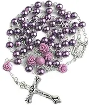 Nazareth Store Catholic Purple Pearl Beads Rosary Necklace Our Rose Lourdes Medal & Cross NS, (H X W) : 4 cm x 2.5 cm / 1.6" x 1", 43 cm / 17", Metal