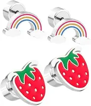 [LIFKOME] 2 Pairs Boys and Girls Hoop Earrings for Girls Flat Back Earrings Set Strawberry Rainbow Hypoallergenic