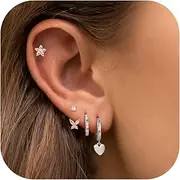 [Kakonia] 4 Pairs Sterling Silver Stud Hoop Earrings Set for Women Earring Stacks Hypoallergenic Earrings Gold Earring Sets for Multiple Piercings