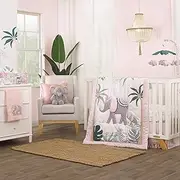 NoJo Tropical Princess Elephant/Jungle Pink and Green 4 Piece Crib Bedding Set - Comforter, Fitted Crib Sheet, Dust Ruffle and Storage