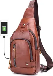BULLCAPTAIN Leather Men Sling Bags Travel Crossbody Chest Bag Hiking Daypack with USB Charging Port Multi-Pocket, Brown, One_Size