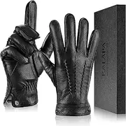 [Kalapa] Genuine Sheepskin Leather Gloves for Men, Winter Warm Touchscreen Driving Motorcycle Gloves with Cashmere Lined