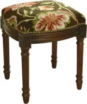 Vanity Stool Jacobean Floral Flowers Brown Wood Stain Wool Upholstery