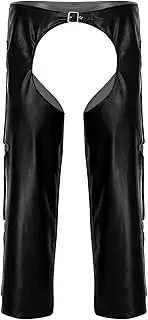 [Yeahdor] Men's Faux Leather Cowboy Costume Open Crotch Hollow Out Motorcycle Chaps Buckled Long Pants
