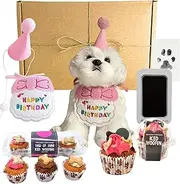 Dog Birthday Hamper Gift Set Bundle for Her – Including Trio Mini Woofin Cake, Happy Birthday Pink Dog Bib and Hat, Iced Woofin Candle Cake and Doggy Paw Stamp | Gift for Pet Lovers