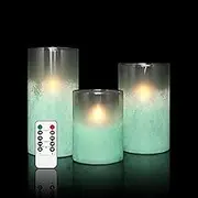 Holitown LED Glass Flameless Candles Set of 3, Mint Green Sandblasted, 3x4/3x5/3x6 inch, Remote Control, Battery Operated