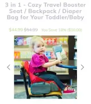 3-in-1 Travel Booster Seat, Backpack, Diaper Bag for Toddler.